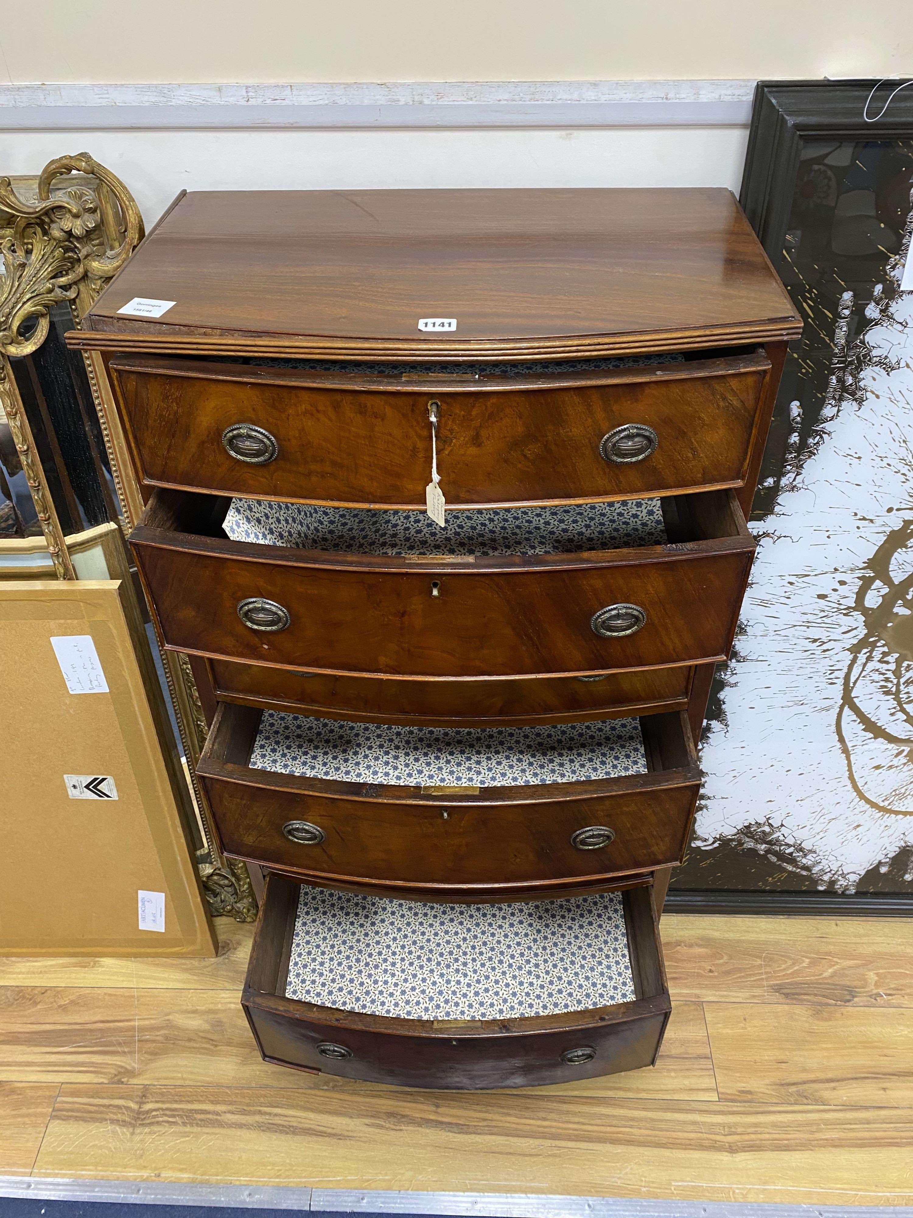 A George III style mahogany bow fronted chest, width 60cm, depth 38cm, height 123cm
